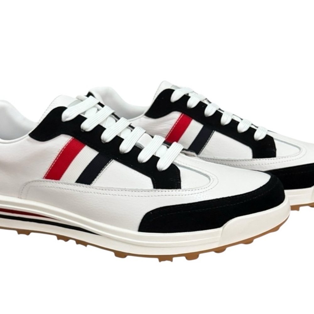 Thom Browne *** White Sneakers with Navy Trim and Red Stripe
